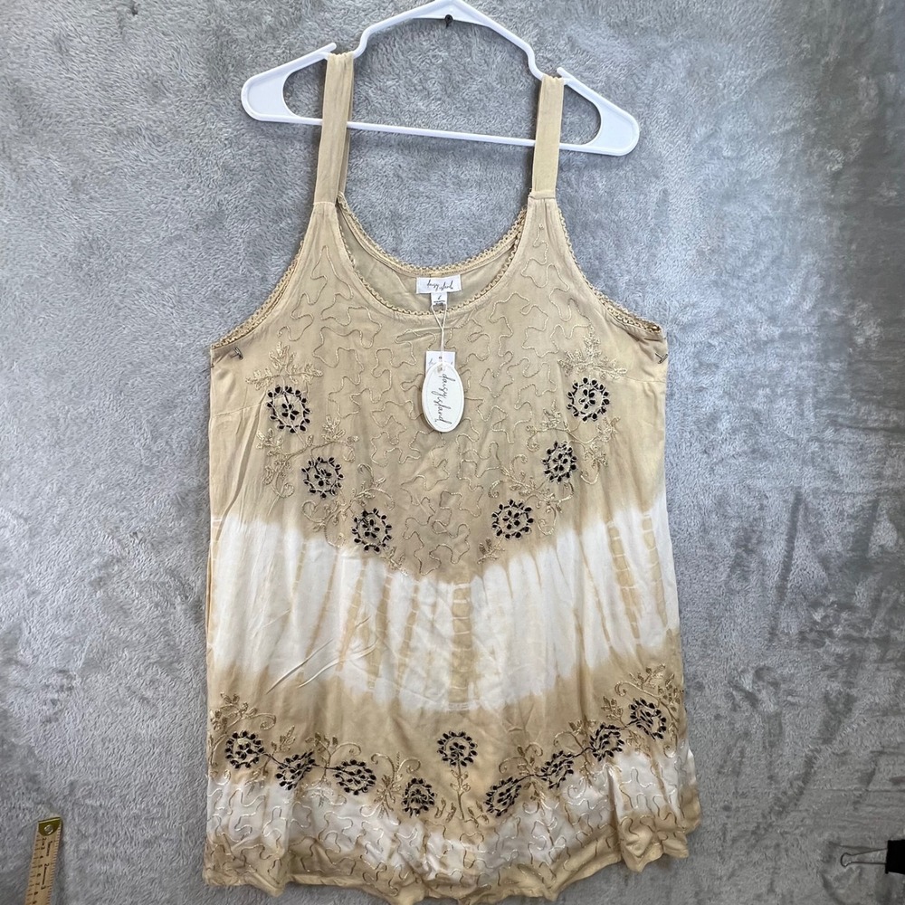 Daisy‎ Island Tan Tie Dye Embroidered Boho Tunic Dress Large NWT Metallic Gold